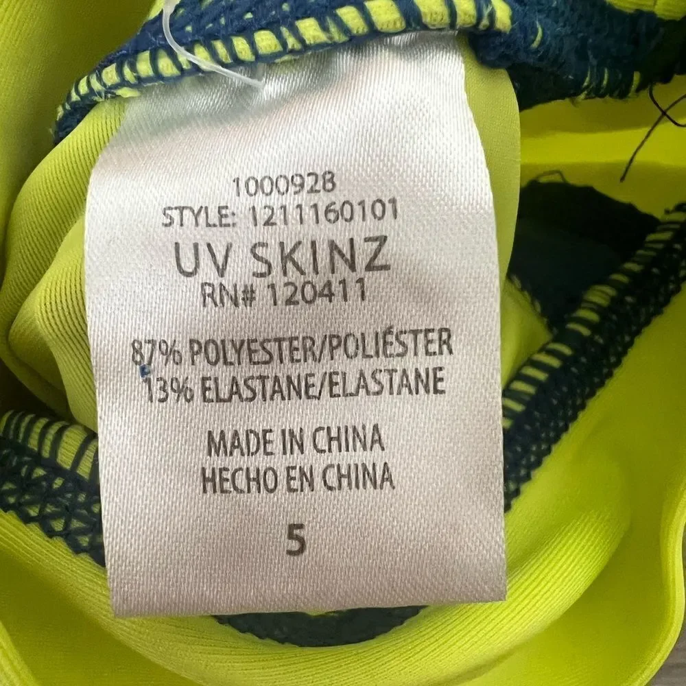 UV Skinz UPF 50+ Smiling Shark Two Tone Blue Lime Green Rash Guard Swim Top, 5